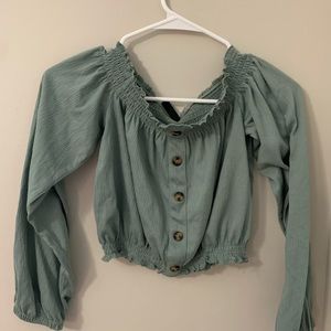 Green Button Up Cropped Blouse